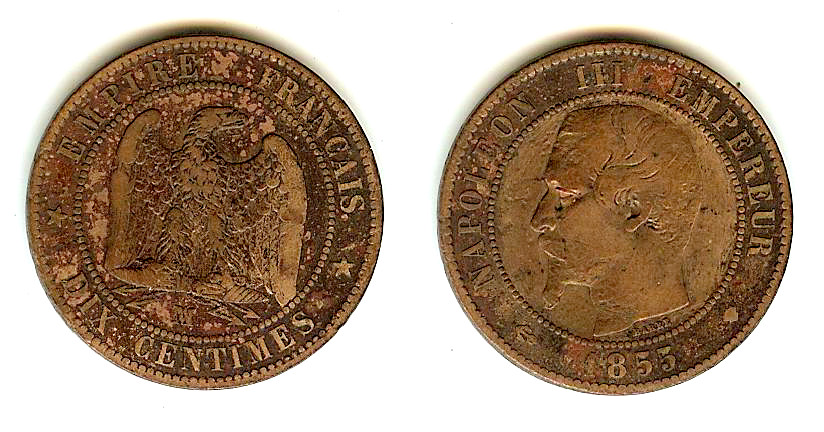 Dix centimes Napoléon III, tête nue 1855 Marseille TB++ à TTB